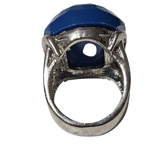 Elegant Blue Faceted Gemstone Silver Tone Chunky Dome Ring Open Band Jewelry - Picture 3 of 5